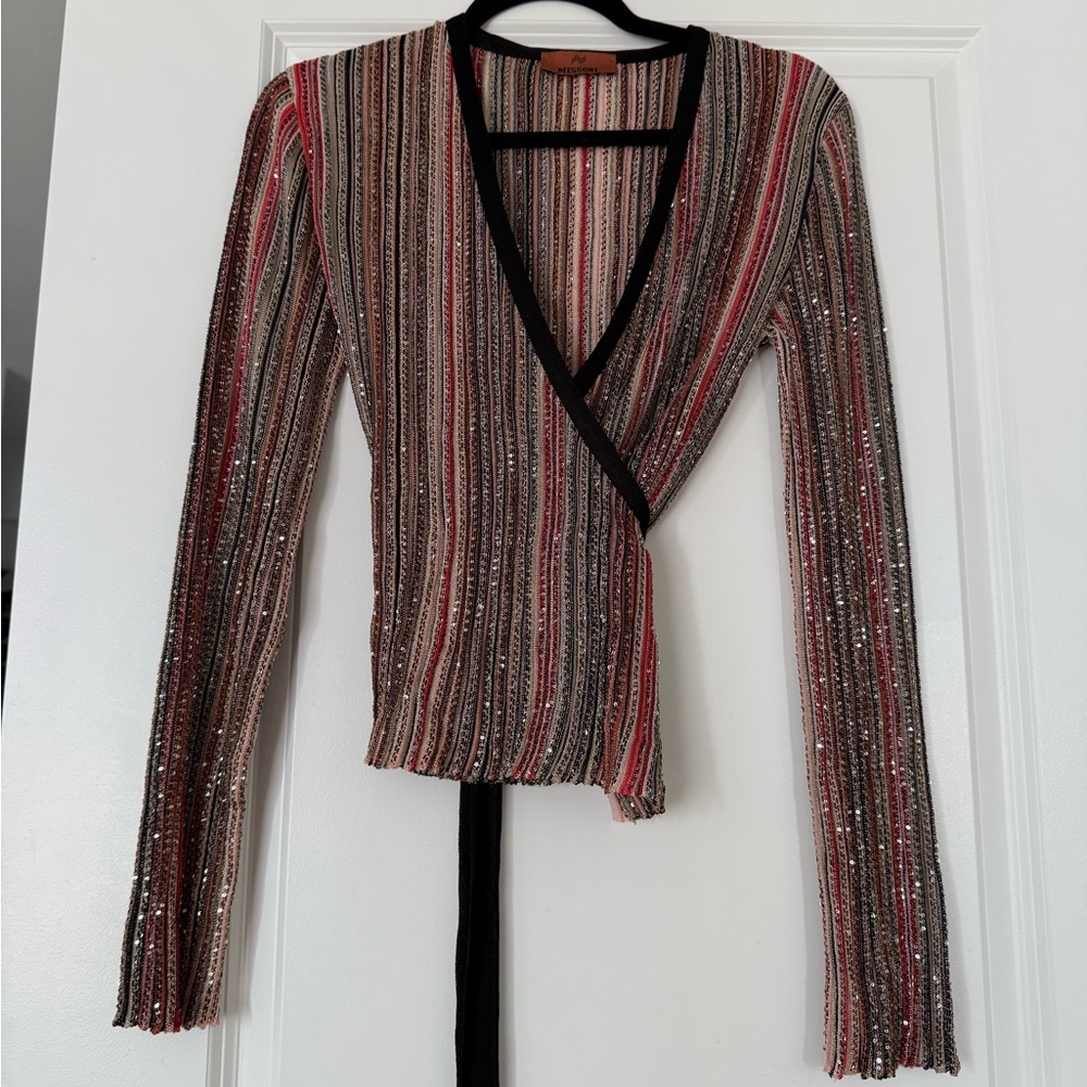 NWT MISSONI Sequin-embellished striped crochet-knit wrap top $1,770 44 8 - Picture 5 of 10